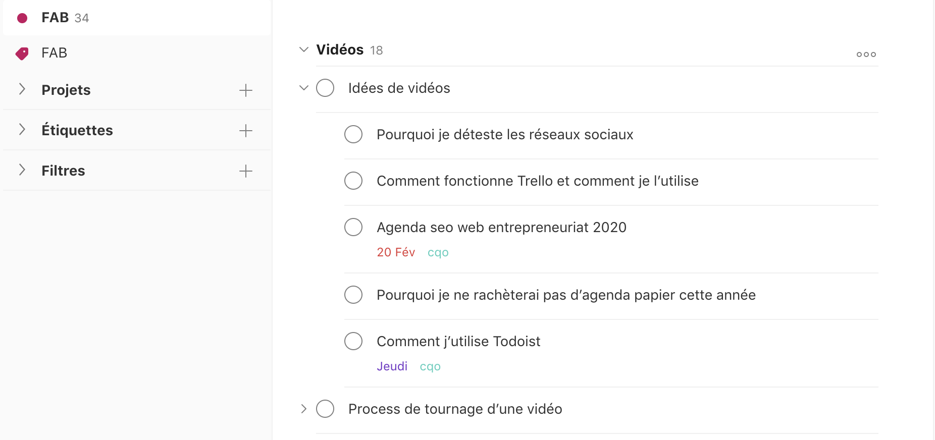 Tableau de bord des projets Todoist