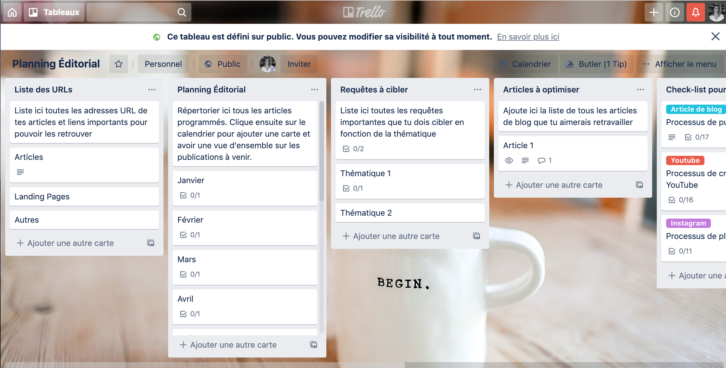 Exemple de tableau sur trello